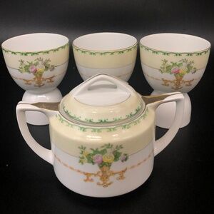 Vintage Made in Japan Porcelain Egg Cups (3) & Sugar Bowl w/Lid Floral Gold Trim